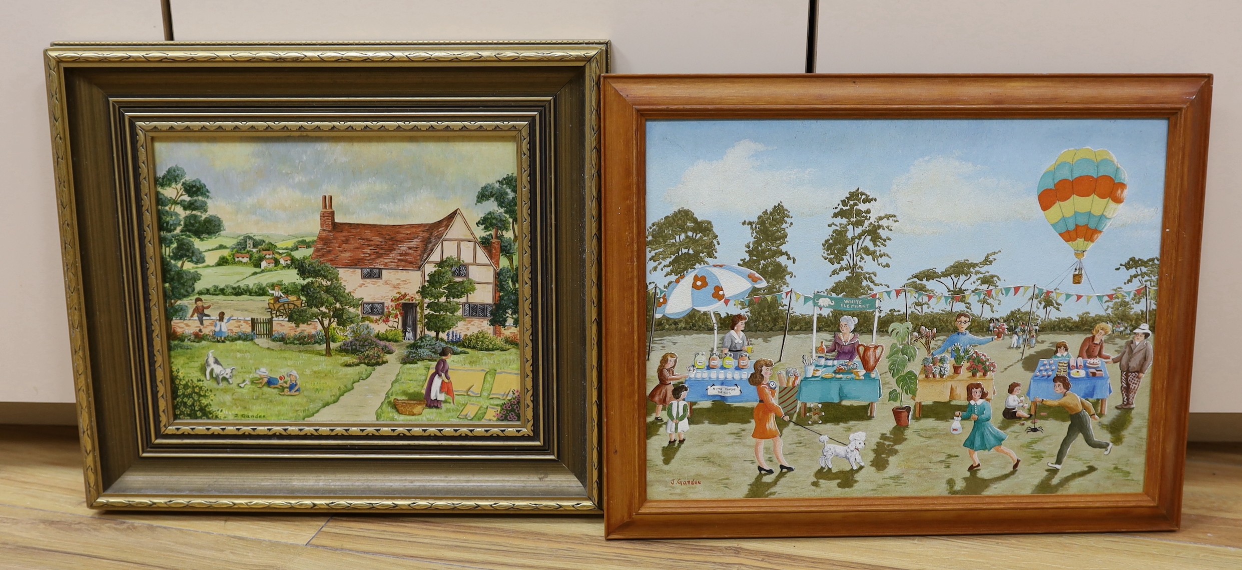 Joyce Gandee, two oils on board, 'Cottage Garden scene' and 'The Village Fete', 23 x 29cm and 30 x 40cm